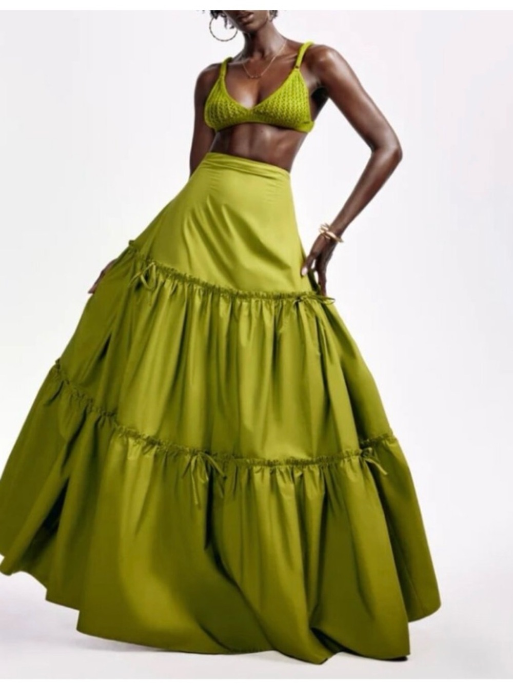 Hanifa Olive Green Tiered Maxi Skirt and crop